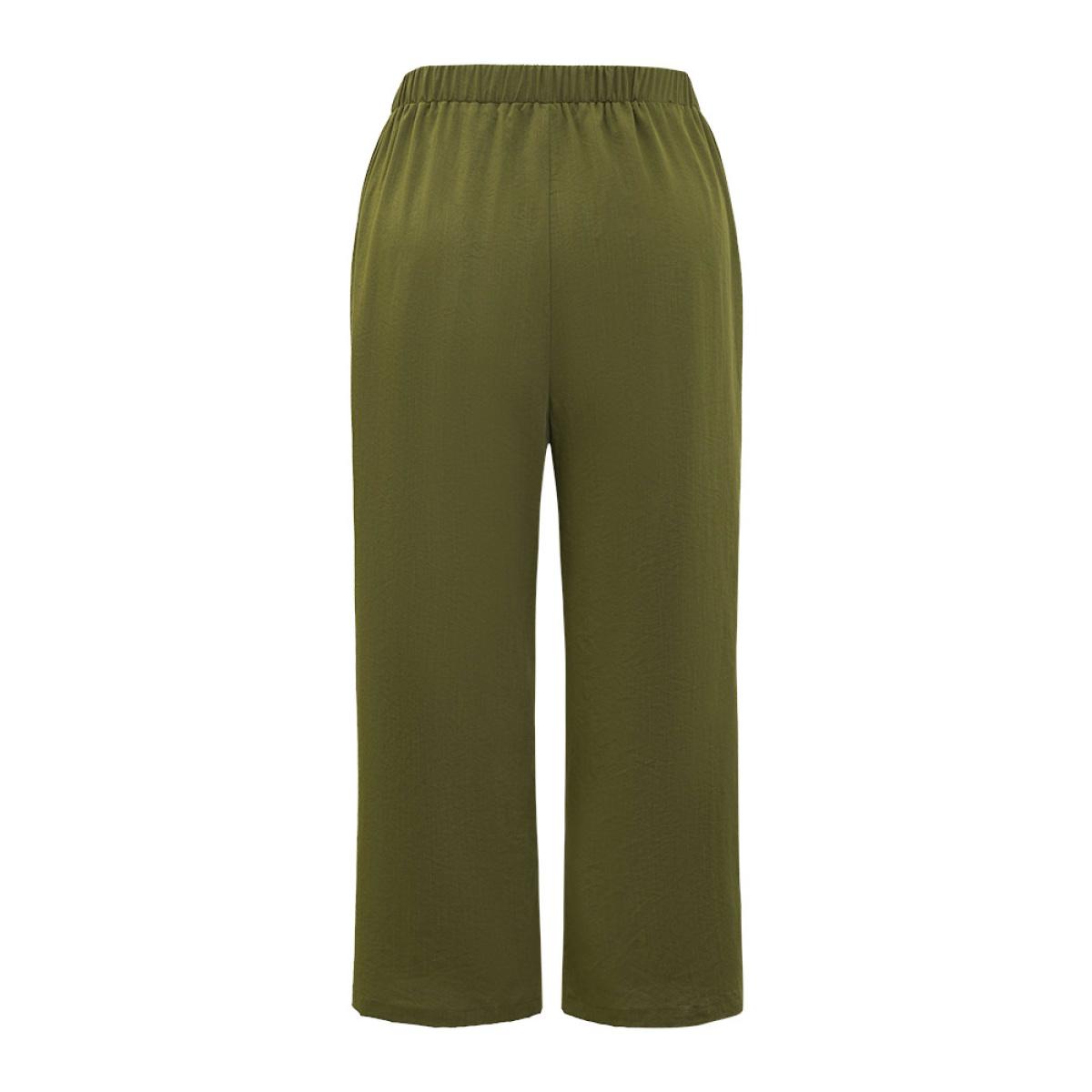 Plus Size Plain Pocket Elastic Waist Pompom Detail Split Pants Women ArmyGreen Elegant Mid Rise Dailywear Pants BloomChic 30/6X Product Image