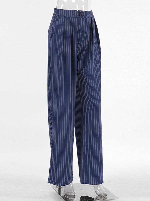 High Waisted Wide Pants Buttoned Striped Pants Trousers Product Image