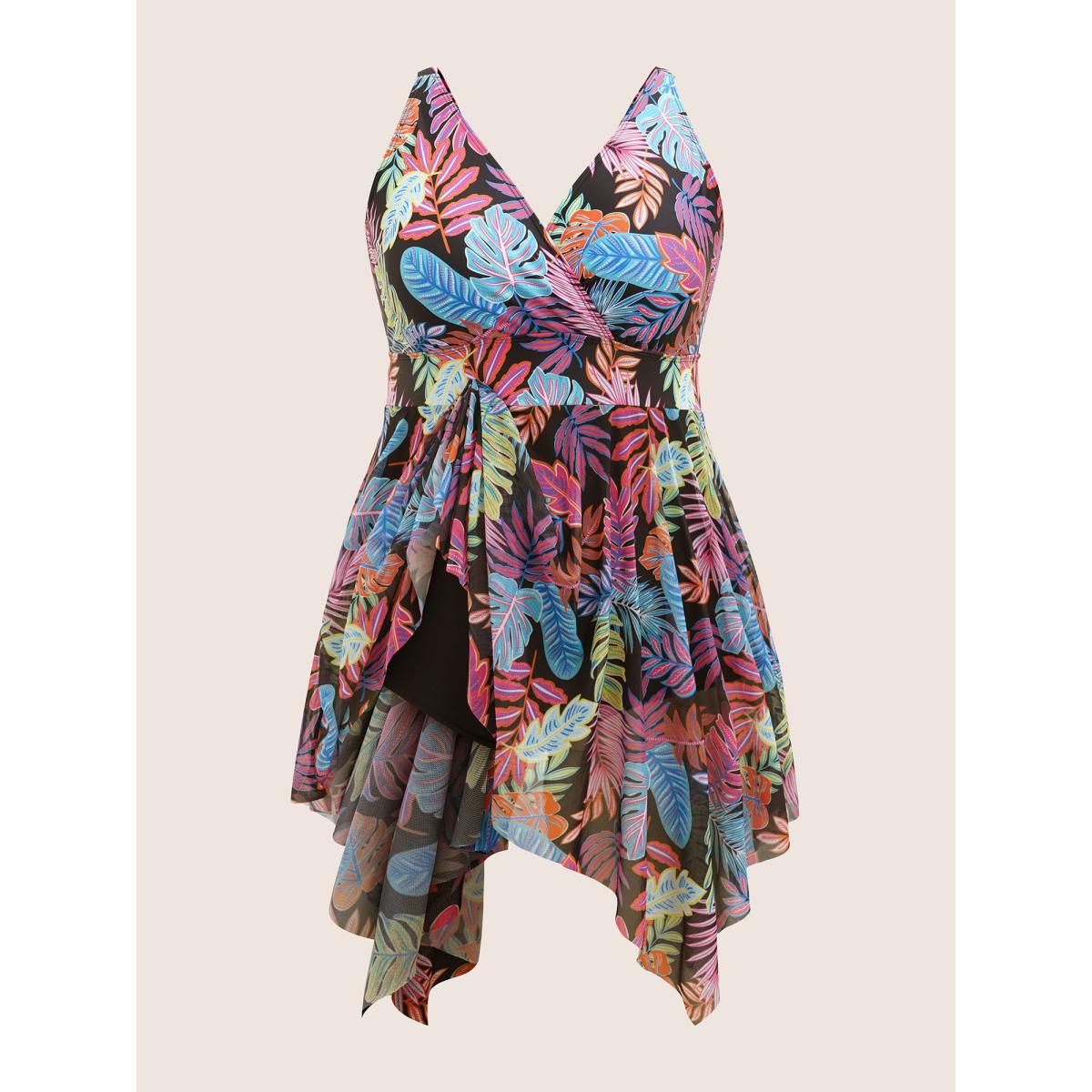 Plus Size Tropical Print Overlap Collar Hanky Hem Swim Dress Women's Swimwear Black Beach Bodycon Overlap Collar High stretch Curve Swim Dresses BloomChic 18-20/2X Product Image