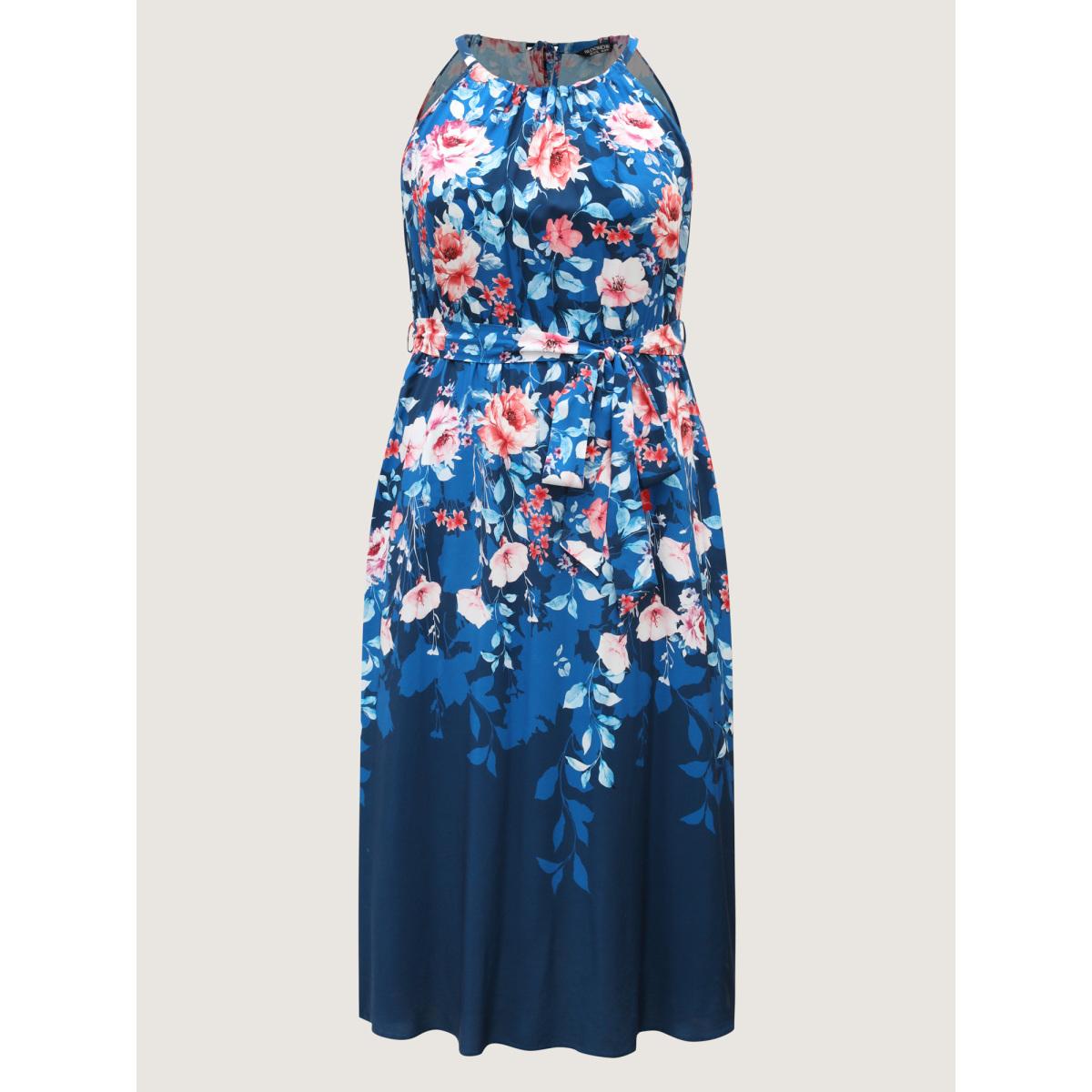 Plus Size Floral Stretchy-Waist Belted Midi Dress Indigo Women Round Neck Sleeveless Curvy BloomChic 28/5X Product Image