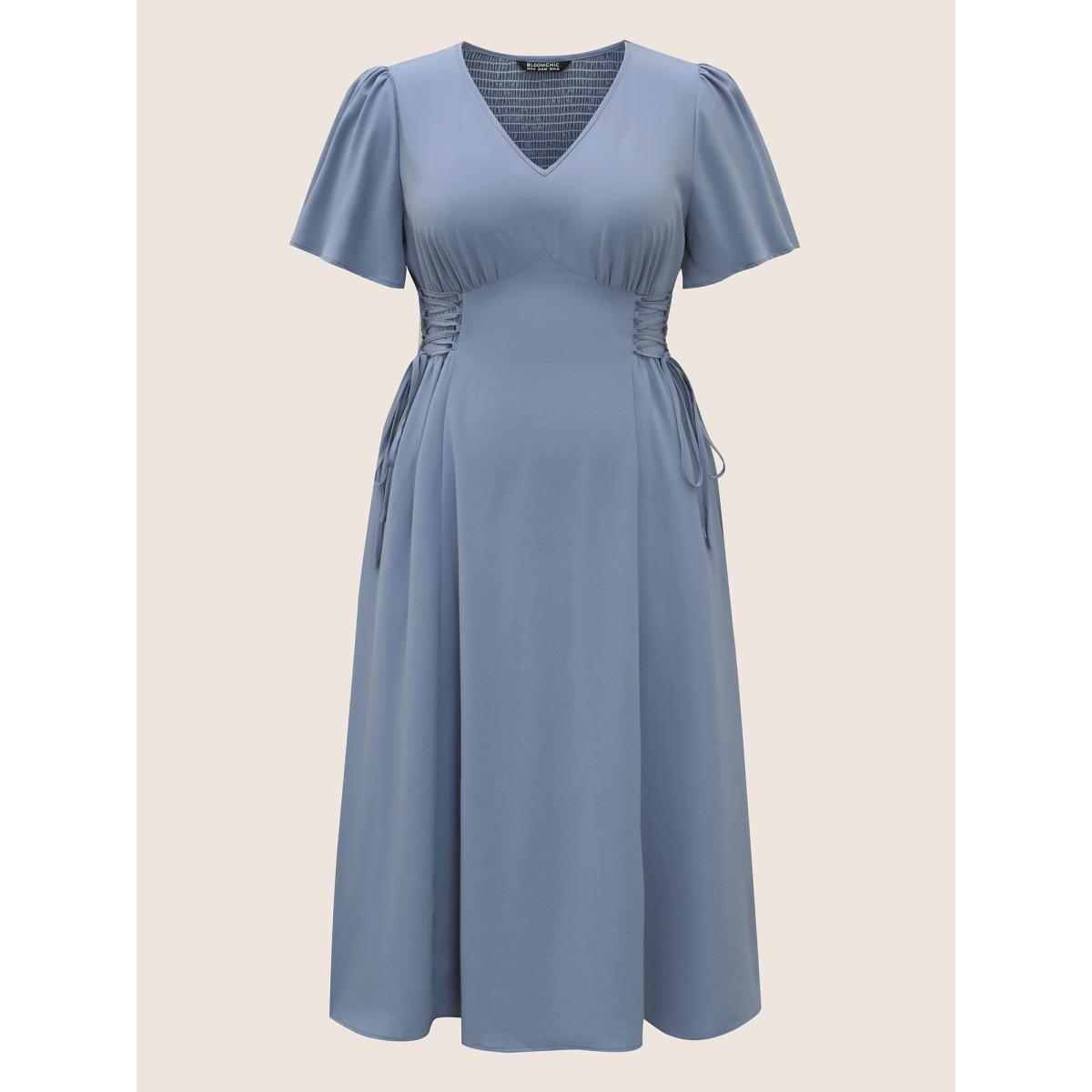 Plus Size V Neck Shirred Gathered Lace Up Dress Stone Women Elegant Wraparound straps V-neck Short sleeve Curvy BloomChic 14-16/1X Product Image