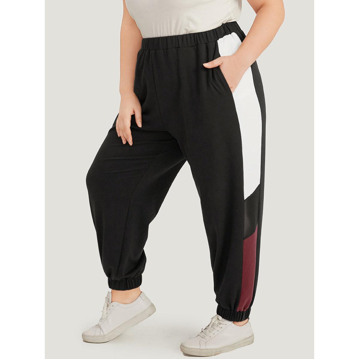 Contrast Patchwork Pocket Elastic Waist Carrot Sweatpants Black Plus Size Women Casual Dailywear Contrast 12/L Bloomchic Product Image