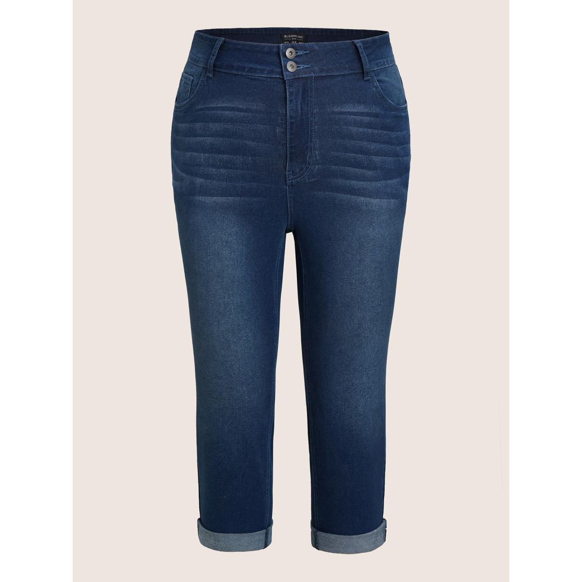 Plus Size Bodycon Roll Hem Medium Wash Jeans Women Blue Casual Plain Non High stretch Slanted pocket Jeans BloomChic 26/4X Product Image