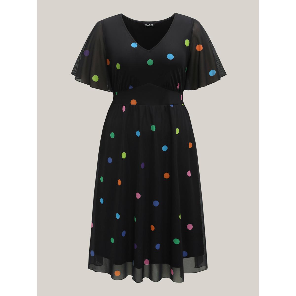 Plus Size Super Stretchy Polka Dot Pockets Midi Dress BlackFlower Women V-neck Short sleeve Curvy BloomChic 22-24/3X Product Image