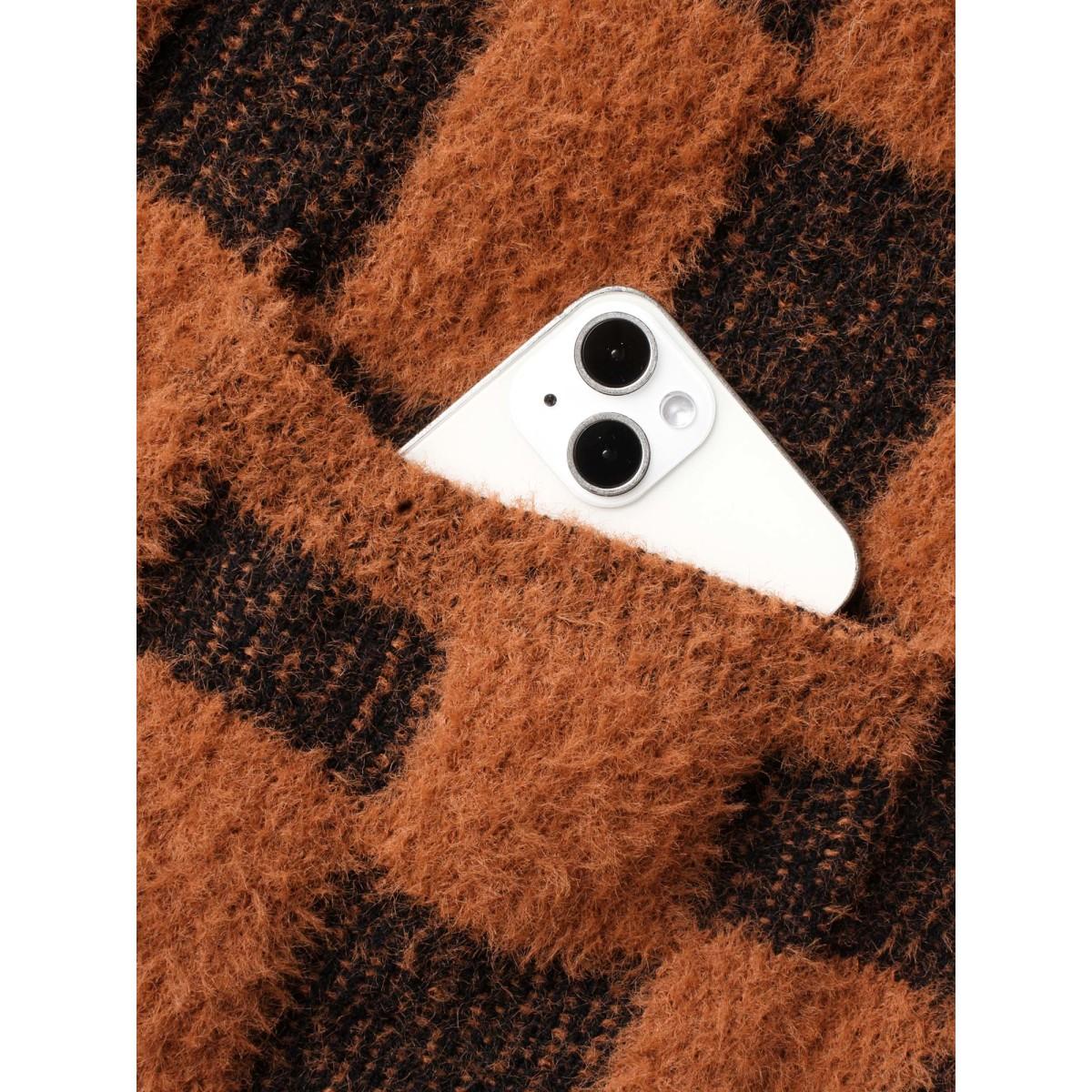 Plus Size Plaid Fluffy Patched Pocket Cardigan Yellowishbrown Women Casual Loose Long Sleeve Everyday Cardigans BloomChic 10/M Product Image