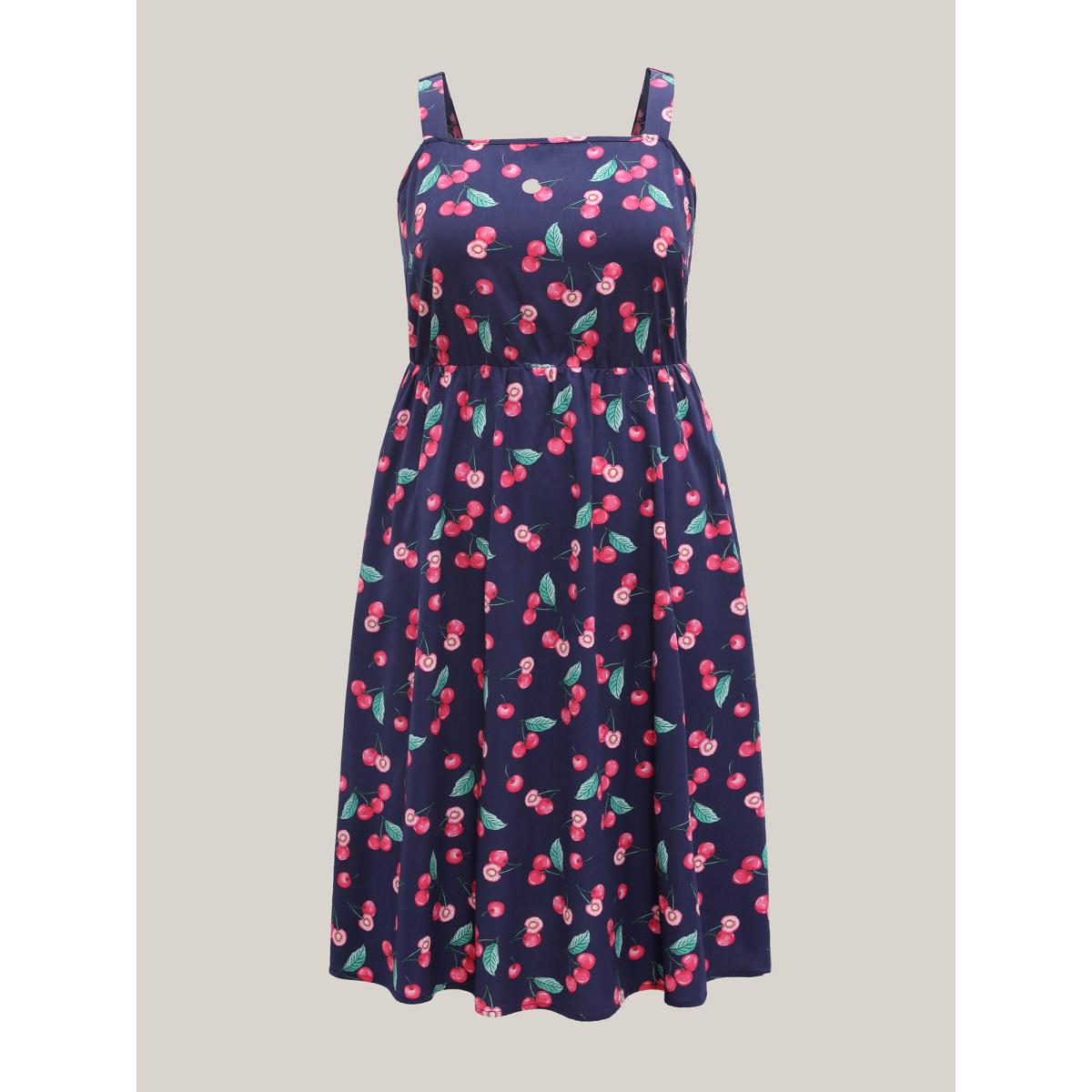Plus Size Cherry Print Stretchy Waist Pockets Midi Dress Navy Women Elegant Non Non Sleeveless Curvy BloomChic 22-24/3X Product Image