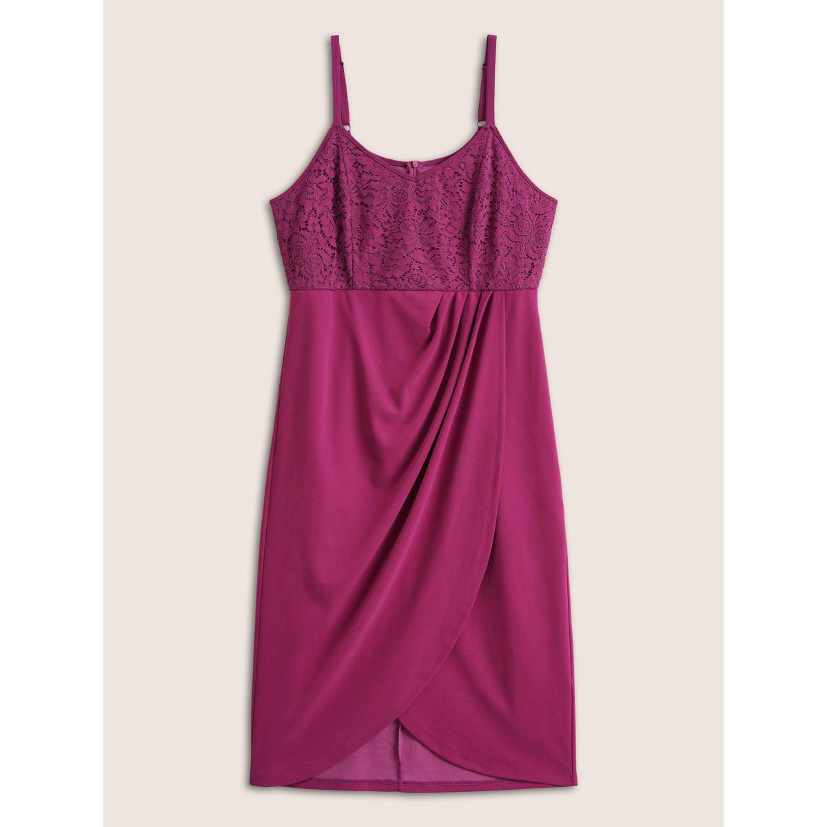 Plus Size Lace Insert Plicated Detail Zipper Cami Dress RedViolet Women Elegant Adjustable Straps Spaghetti Strap Sleeveless Curvy Midi Dress BloomChic 14-16/1X Product Image