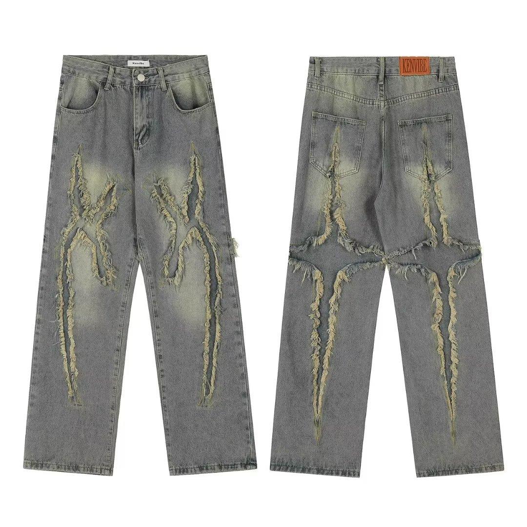 Sopula Raw Edge Washed Distressed Street Straight-Leg Jeans Product Image