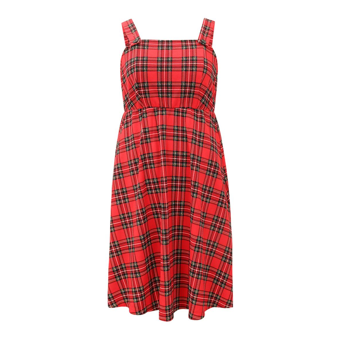 Plus Size Plaid Button Up Adjustable Straps Dress Red Women Casual Adjustable Straps Spaghetti Strap Sleeveless Curvy Midi Dress BloomChic 22-24/3X Product Image