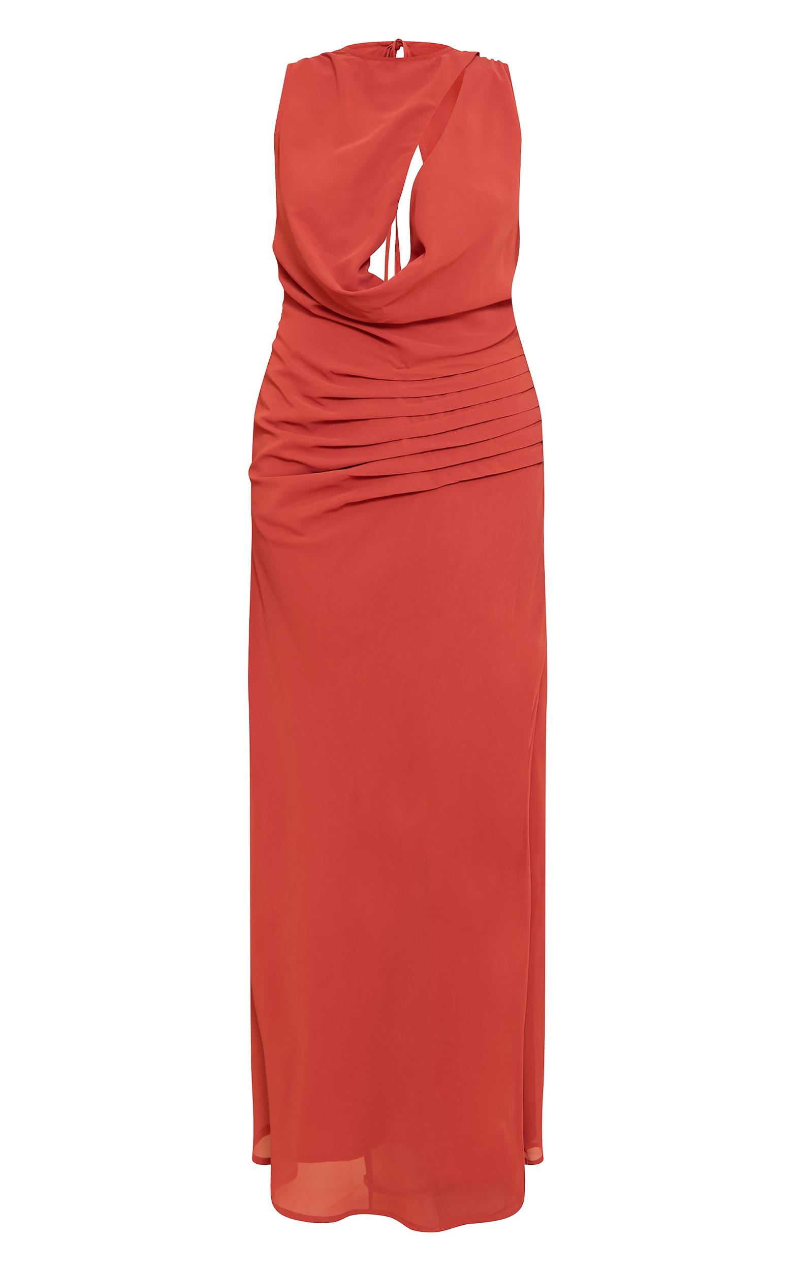 Burnt Orange Chiffon Keyhole Ruched Detail Maxi Dress Product Image