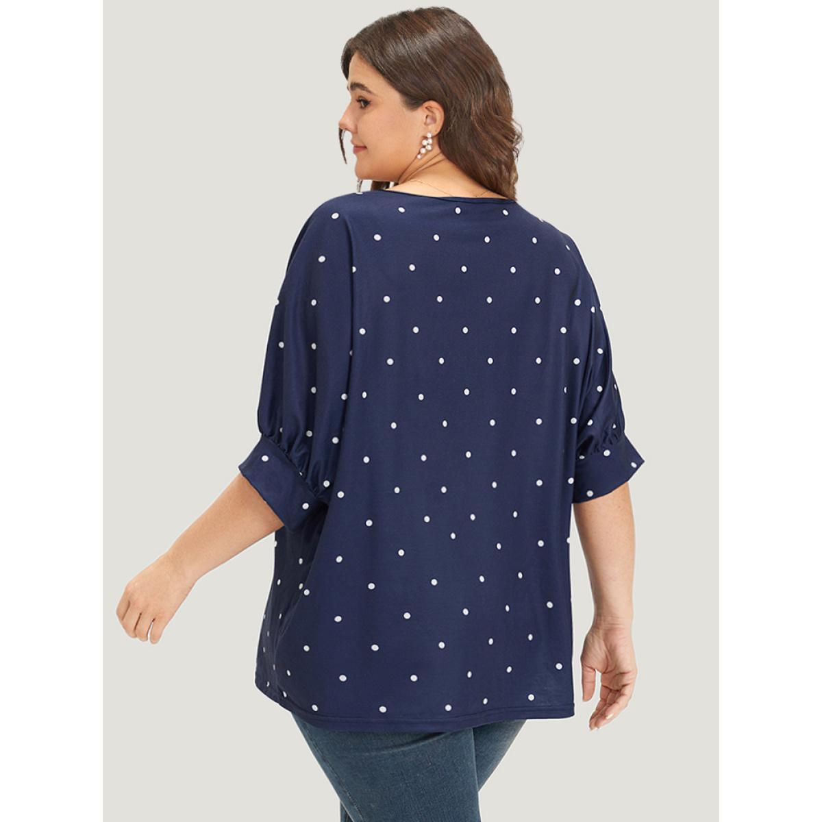 Plus Size Polka Dot V Neck Lantern Sleeve T-shirt Indigo Women Elegant Elastic cuffs Polka Dot V-neck Dailywear T-shirts BloomChic 12/L Product Image