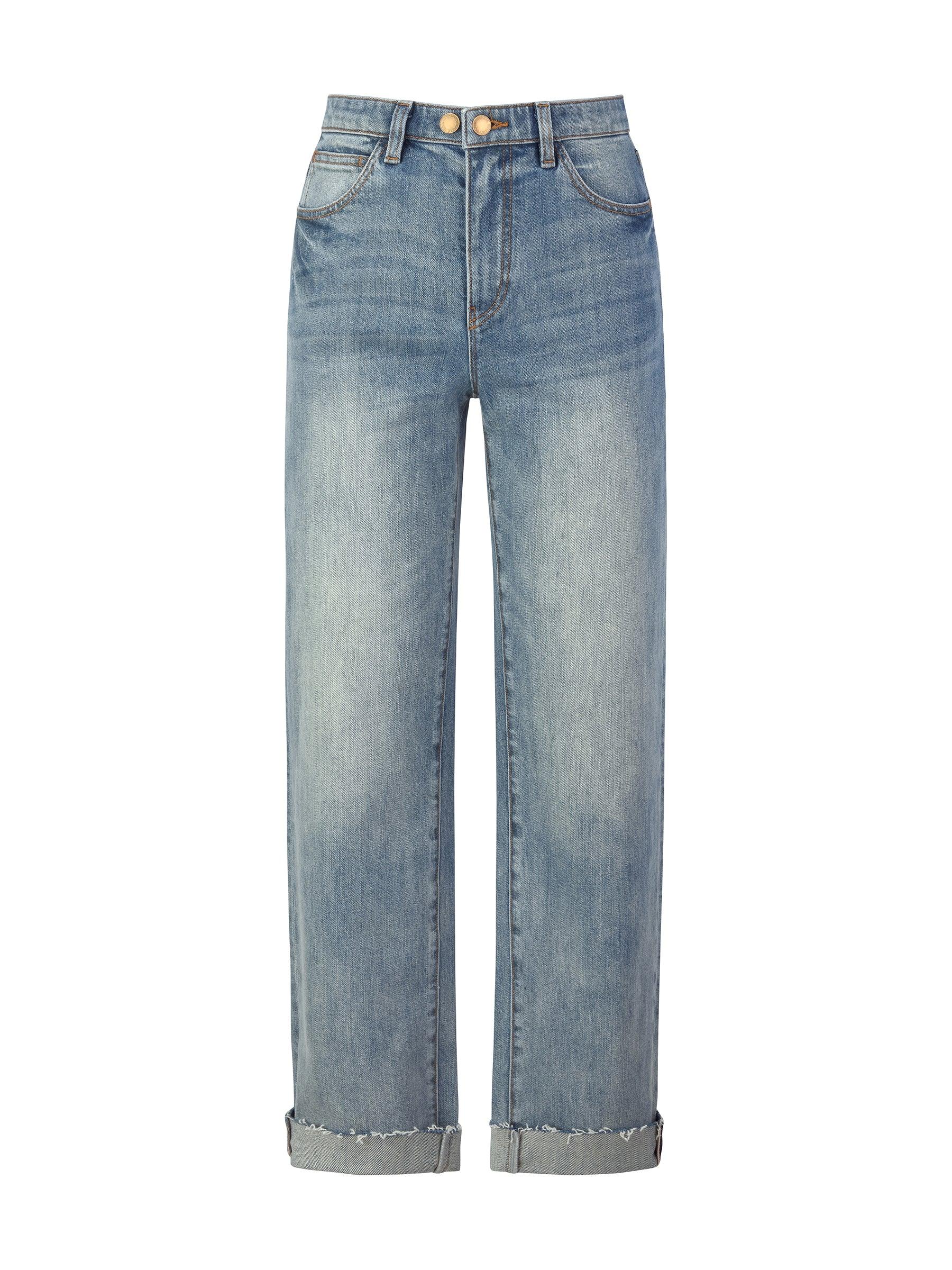 Cotton Denim Adjustable Waist Women Straight Leg Folded Jeans Product Image