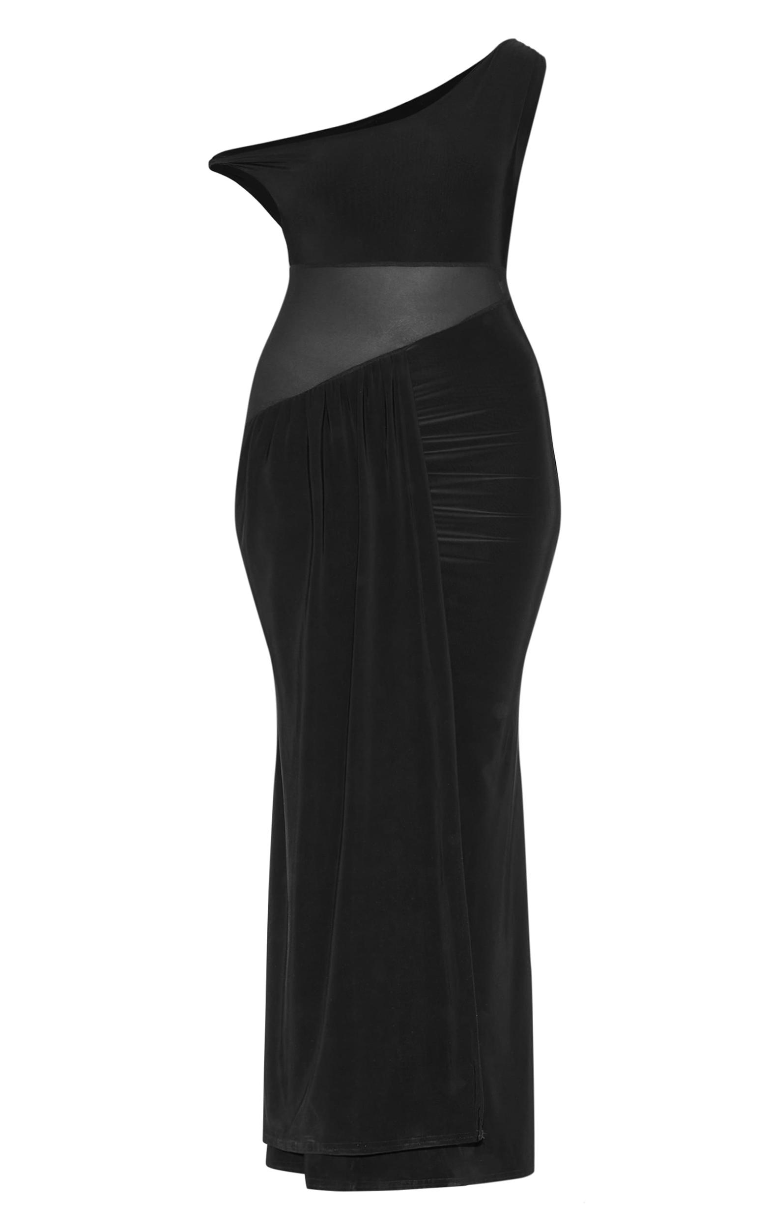 Black Slinky Asymmetric Mesh Cut Out Maxi Dress Product Image
