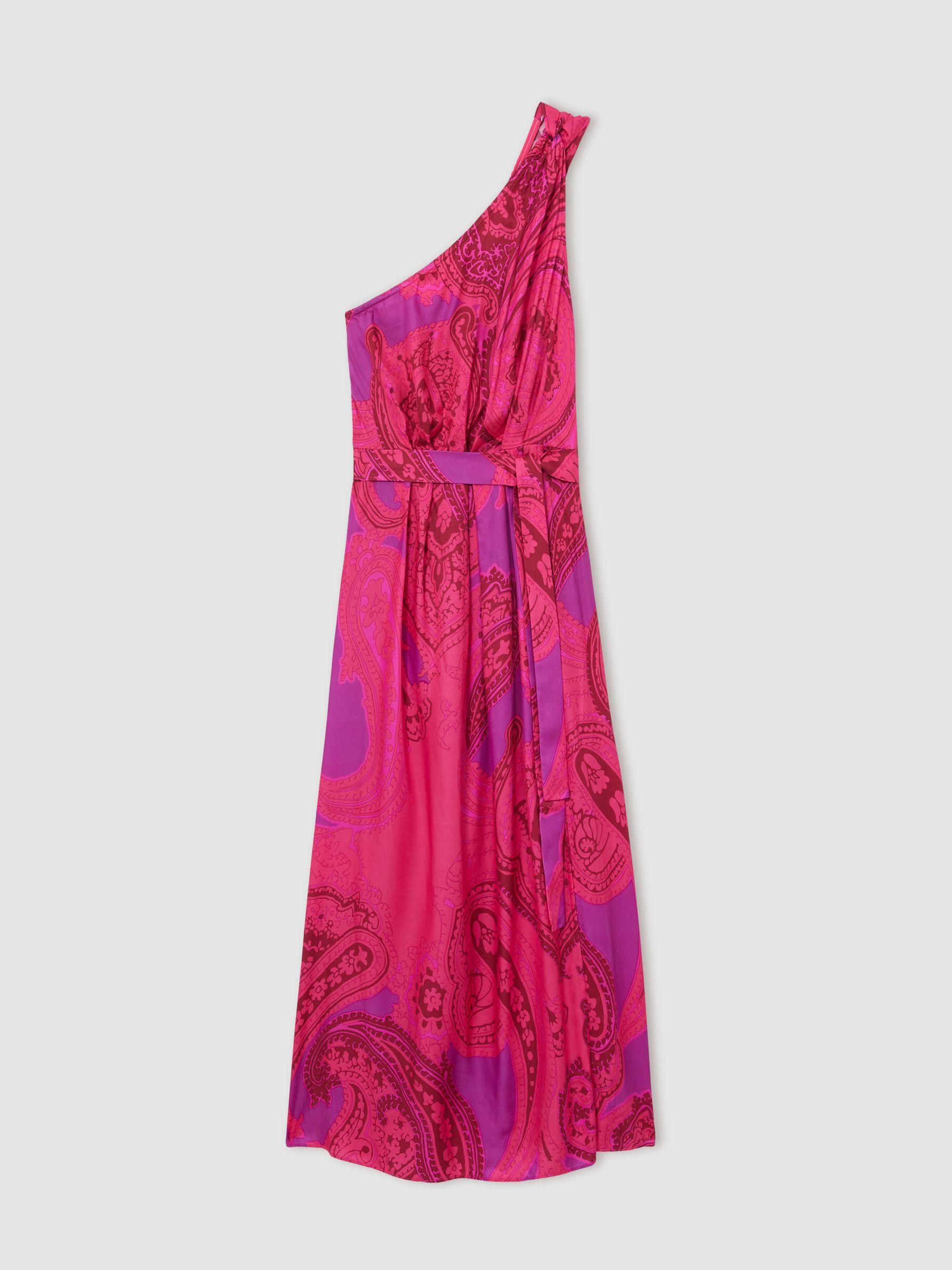 Paisley-Print One-Shoulder Midi Dress in Pink Product Image