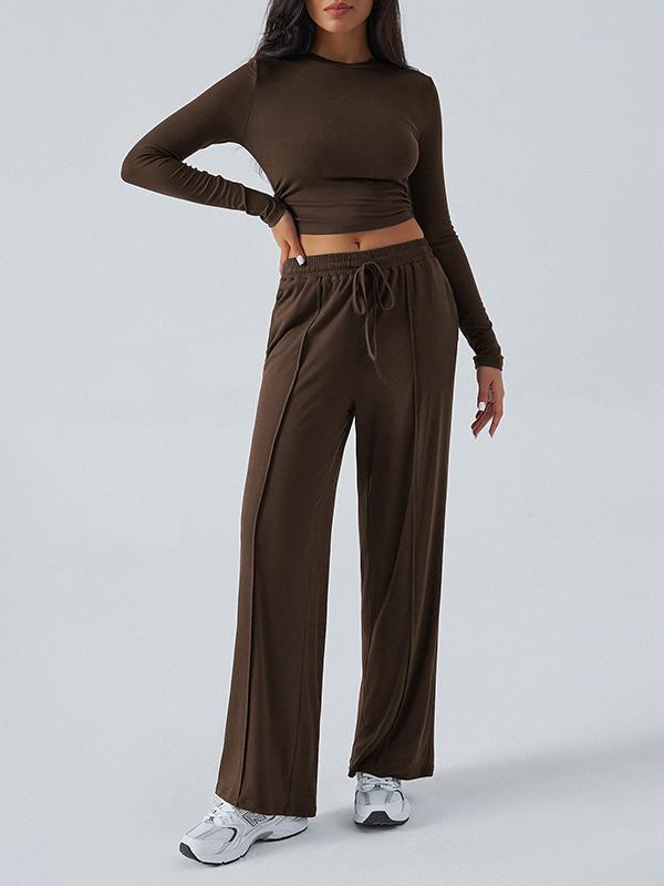 Long Sleeves Loose Solid Color Round-Neck T-Shirt Top + Drawstring Elasticity Pockets Pants Bottom Two Pieces Set Product Image