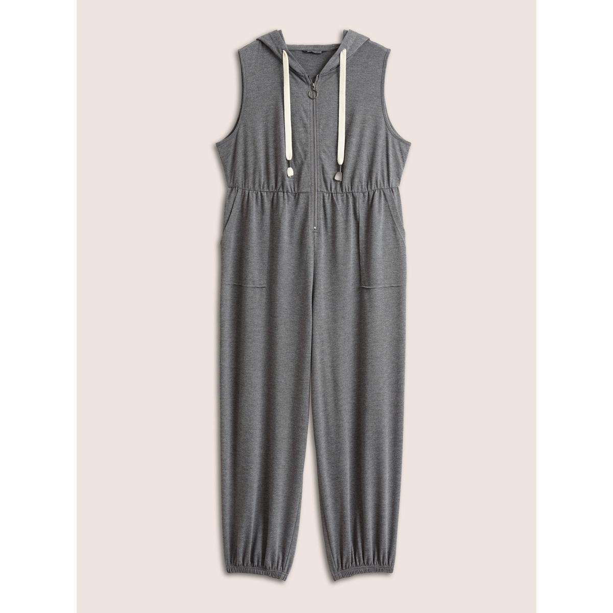 Plus Size Gray Solid O Ring Zipper Sleeveless Drawstring Jumpsuit Women Casual Sleeveless Hooded Everyday Loose Jumpsuits BloomChic 12/L Product Image