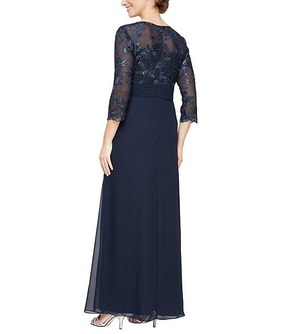 Alex Evenings Boat Neck 3/4 Sleeve Embroidered Bodice Asymmetrical Cascade Skirt Stretch Tulle A Line Gown Product Image
