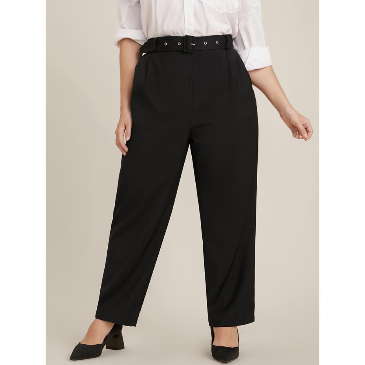 Plus Size Solid Mid Rise Pocket Belted Pants Women Black Office Mid Rise Office Pants BloomChic 10/M Product Image