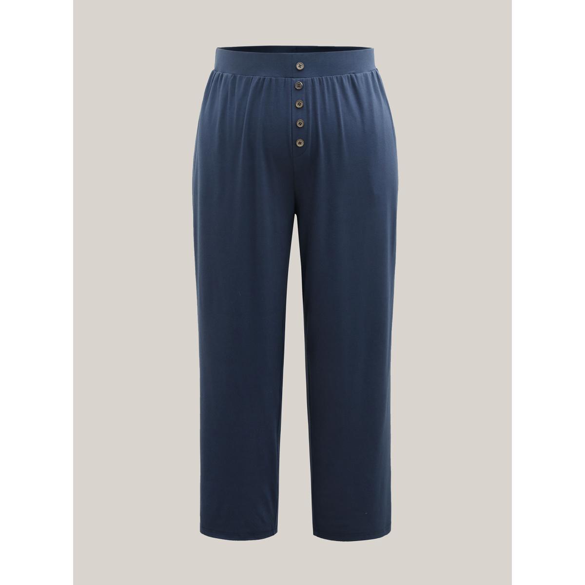 Plus Size Button Front Pleated Comfy Fit Pants Women Indigo Casual Wide Leg Mid Rise Everyday Pants BloomChic 28/5X Product Image