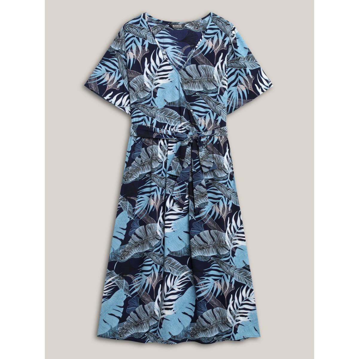 Plus Size Tropical Leaf Print Pockets Belted Midi Dress DarkBlue Women Overlap Collar Short sleeve Curvy BloomChic 18-20/2X Product Image