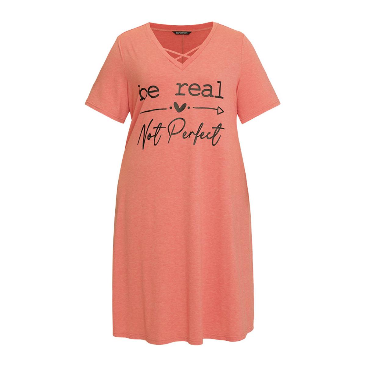 Plus Size Supersoft Essentials Letter Print Pocket Crisscross Neck Dress Coral Women Casual Plain Curvy Midi Dress BloomChic 18-20/2X Product Image