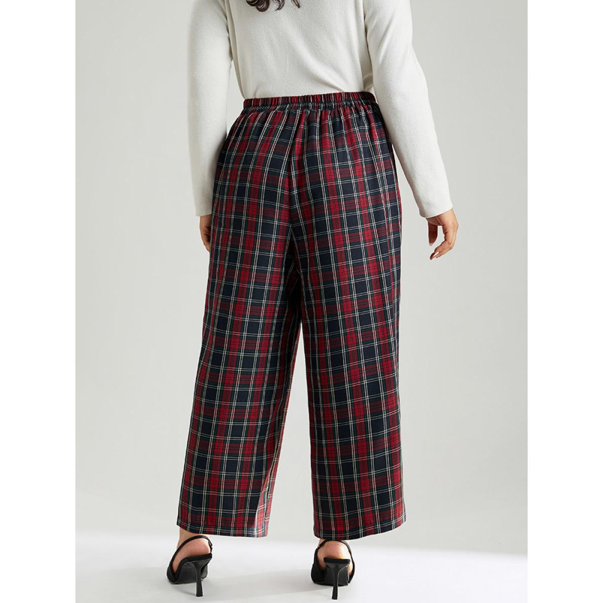 Plus Size Plaid Elastic Waist Pocket Straight Leg Pants Women Multicolor Elegant Straight Leg High Rise Festival-Christmas Pants BloomChic 14-16/1X Product Image