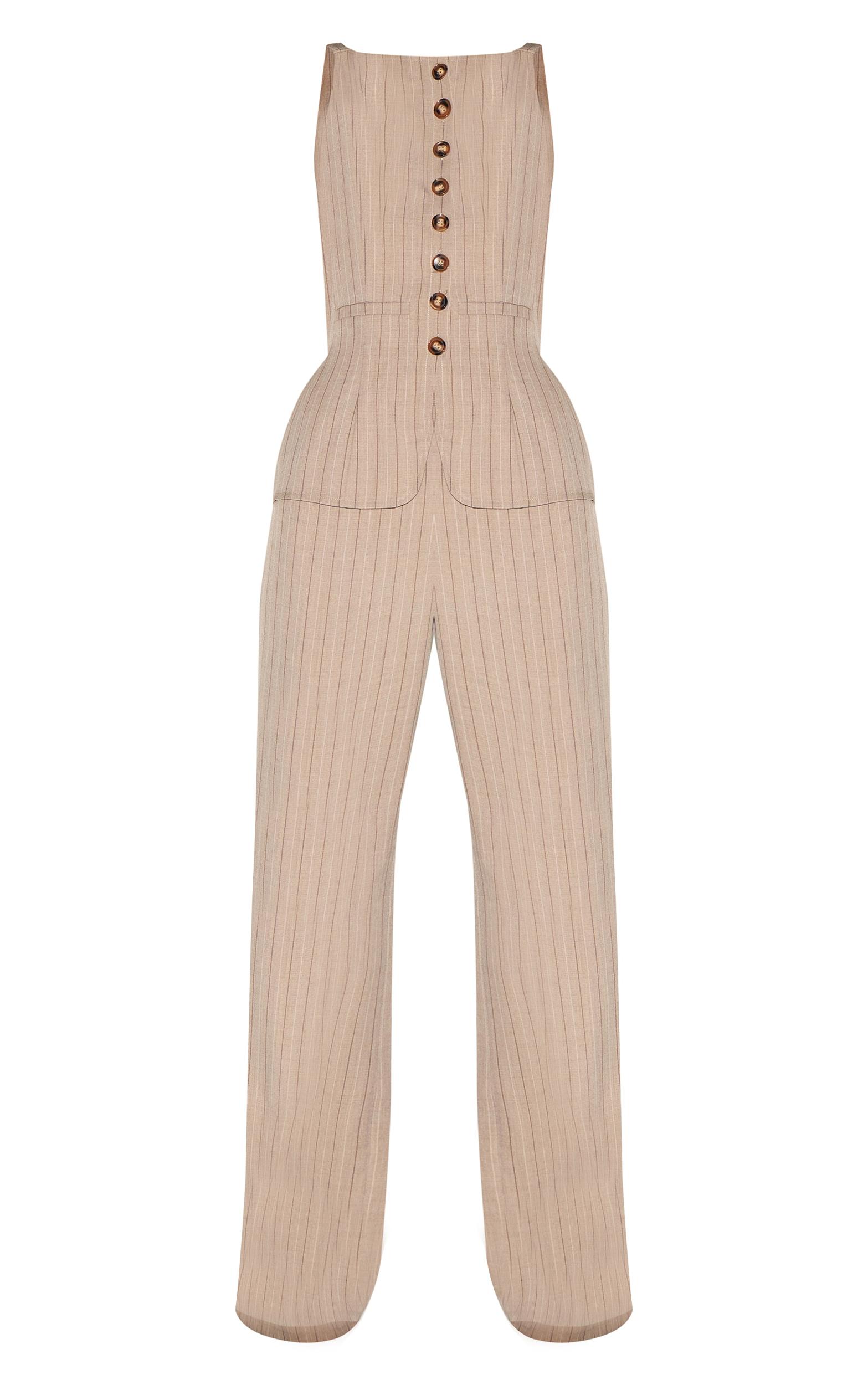 Brown Pinstripe Linen Button Down Peplum Hem Jumpsuit Product Image