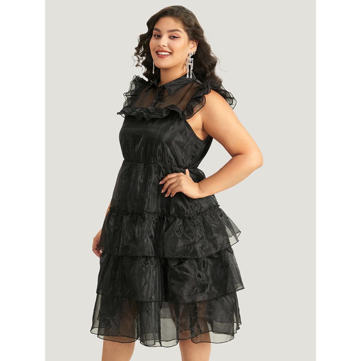 Plus Size Halloween Solid Mesh Layered Ruffle Wednesday Dress Black Women Glamour See through Shirt collar Sleeveless Curvy Midi Dress BloomChic 10/M Product Image