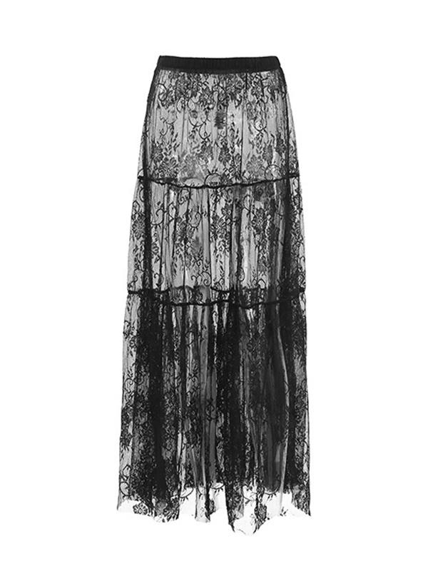 A-Line High Waisted Elasticity Hollow Jacquard Mesh See-Through Split-Joint Skirts Bottoms Product Image