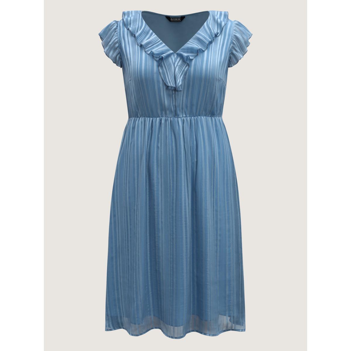 Plus Size Textured Stripe Ruffled Neck Midi Dress Stone Women V-neck Cap Sleeve Curvy BloomChic 10/M Product Image