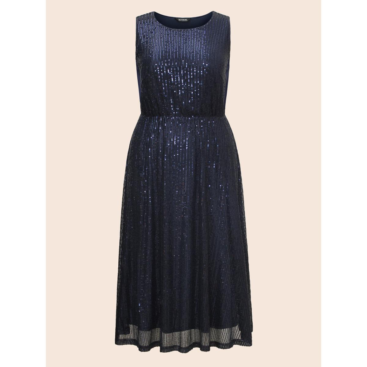 Plus Size Round Neck Sequin Mesh Tank Dress Midnight Women Cocktail Texture Round Neck Sleeveless Curvy BloomChic 18-20/2X Product Image