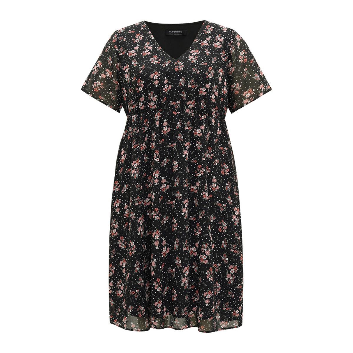 Plus Size Polka Dot & Floral Print Pocket V Neck Dress Black Women Elegant Lined V-neck Short sleeve Curvy Midi Dress BloomChic 28/5X Product Image