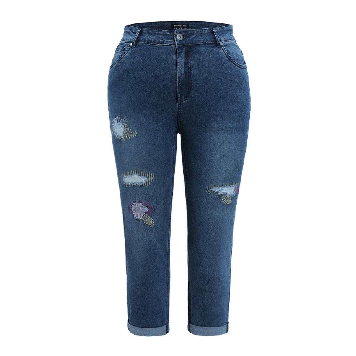Plus Size Ripped Embroidered Roll Hem Very Stretchy Jeans Women Stone Casual Plain Distressed High stretch Pocket Jeans BloomChic 10/M Product Image