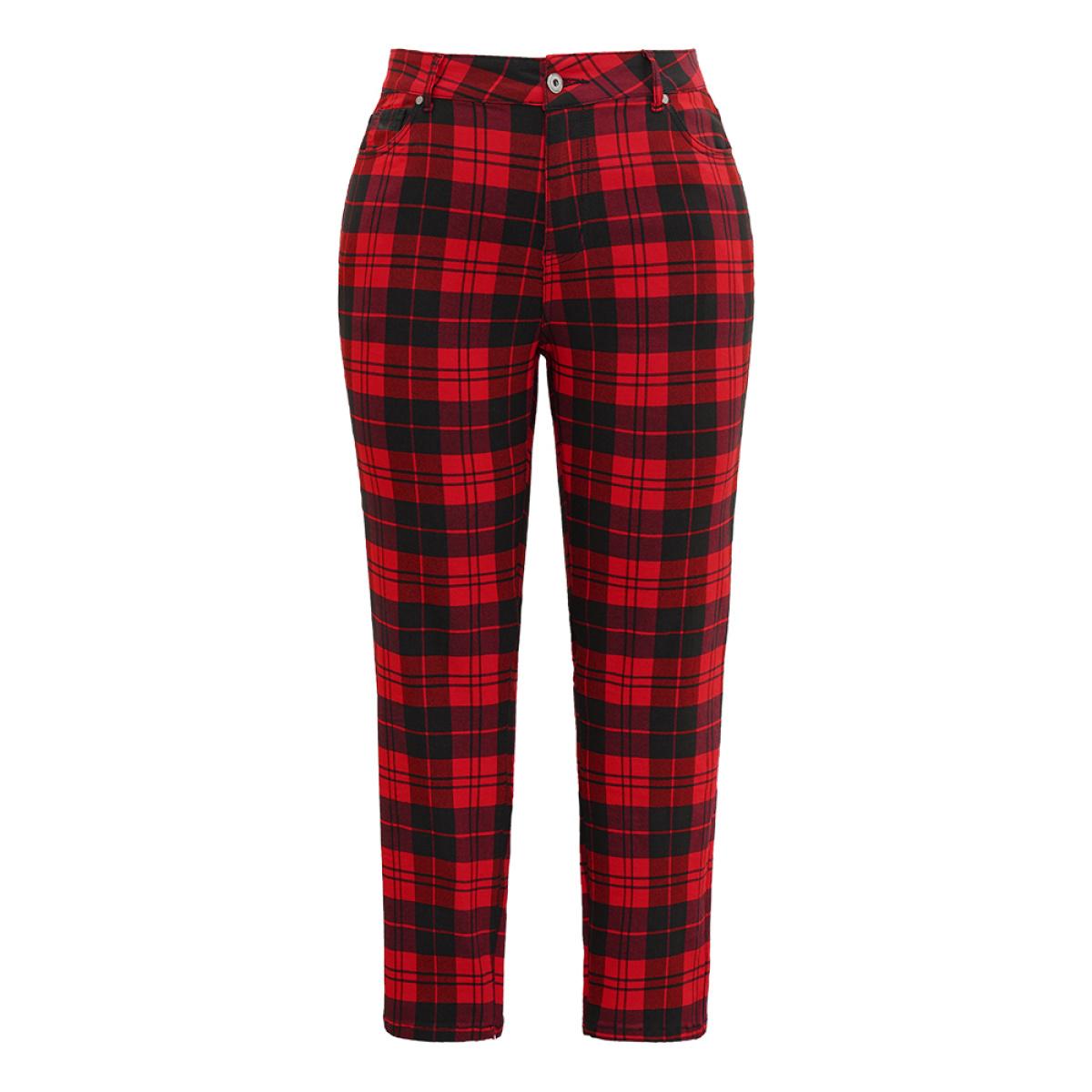 Plus Size Plaid Very Stretchy Full Length Jeans Women Red Casual Plaid Contrast High stretch Pocket Jeans BloomChic 22/3X Product Image