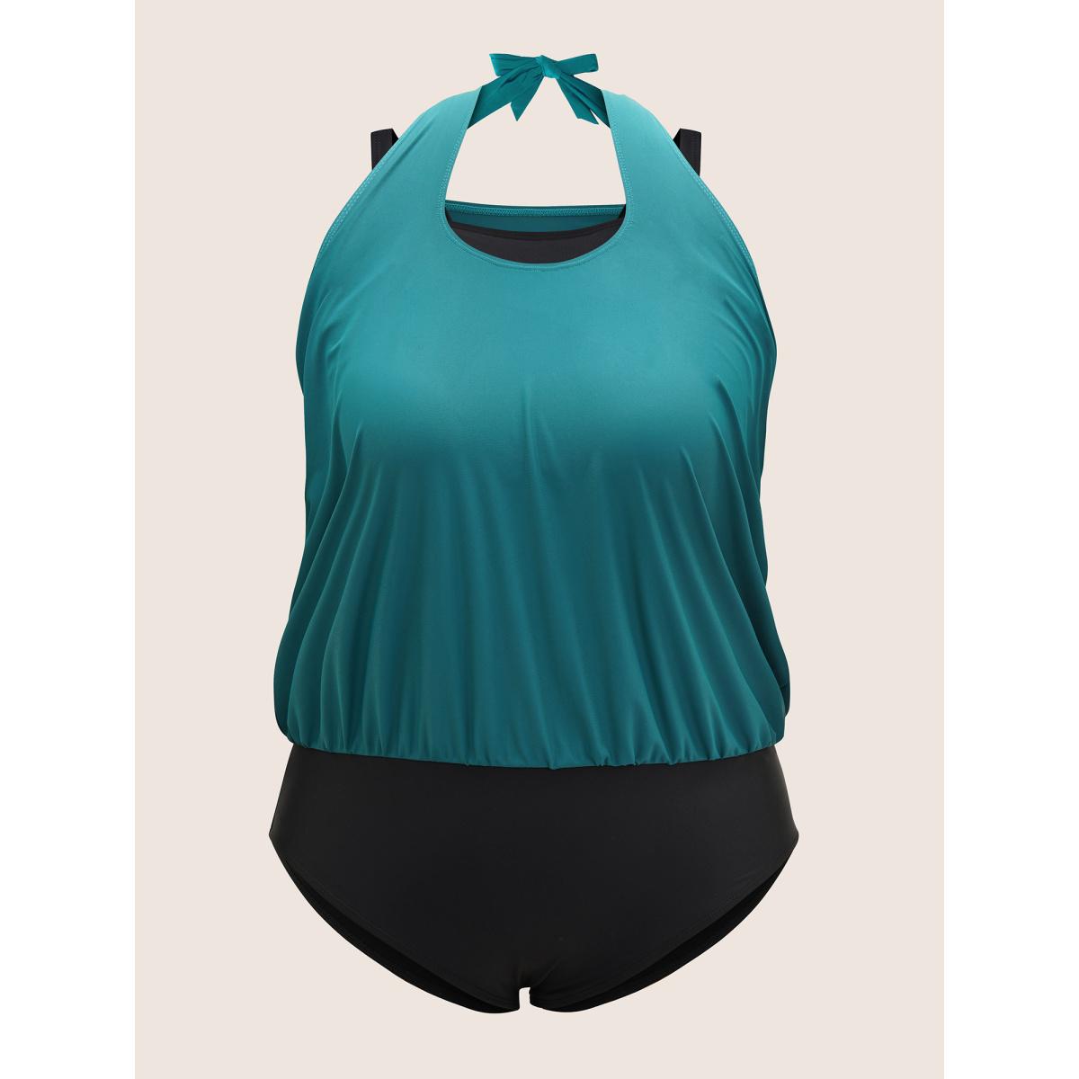 Plus Size Contrast Halter Bowknot Patchwork One Piece Swimsuit Women's Swimwear Teal Beach Non Curve Bathing Suits High stretch One Pieces BloomChic 12/L Product Image