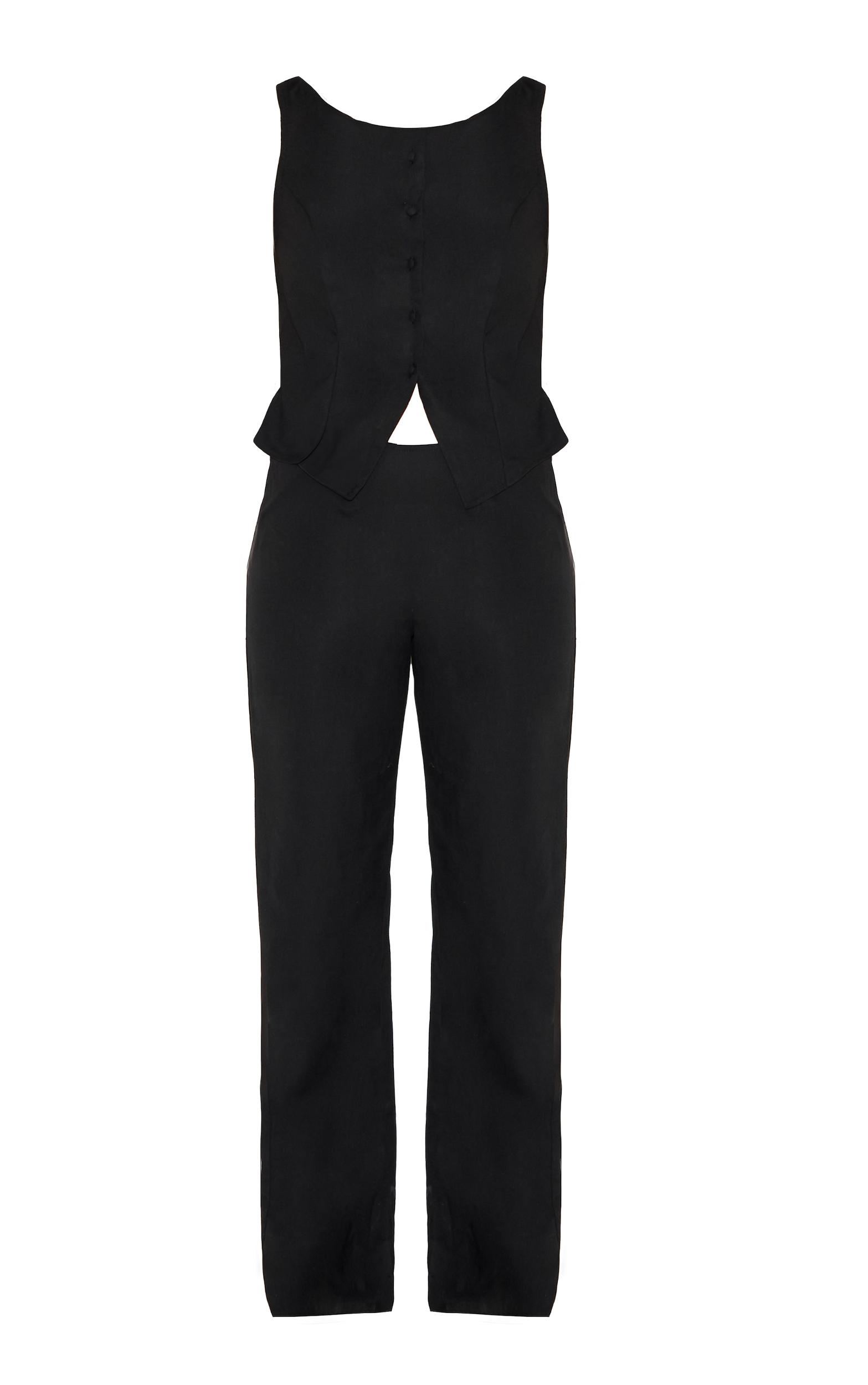  Black Linen Blend Vest Detail Straight Leg Jumpsuit Product Image