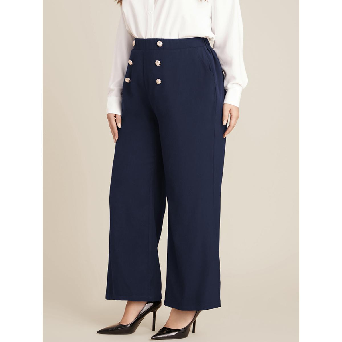Plus Size Solid Elastic Waist Pocket Button Detail Pants Women Midnight Office Mid Rise Work Pants BloomChic 12/L Product Image