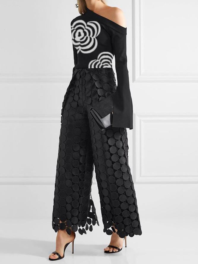 Long Sleeves Loose Flower Print One-Shoulder T-Shirts Tops Product Image