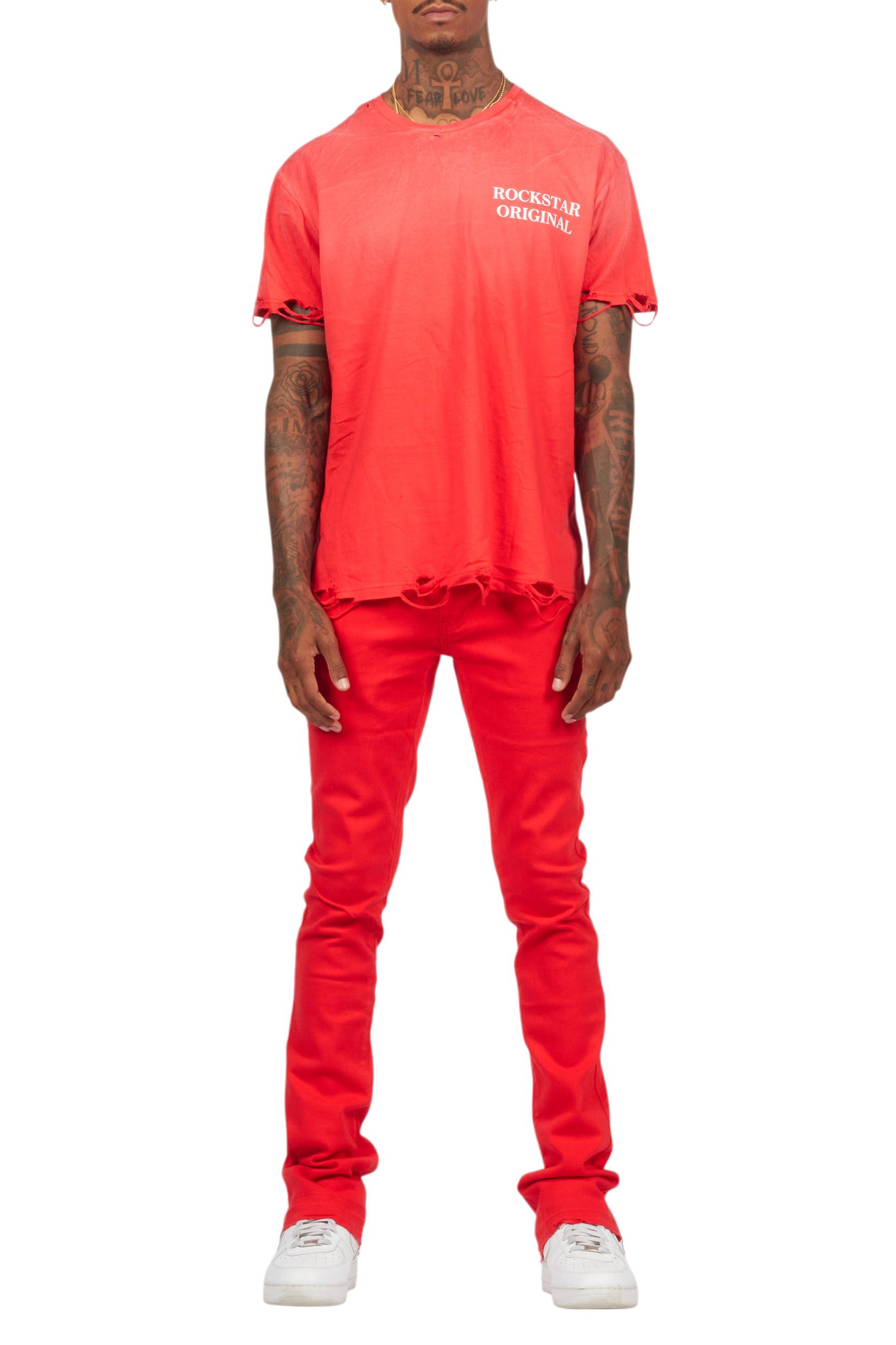 Drako Red/White Oversized Graphic T-Shirt/Dag Stacked Flare Jean Set Male Product Image