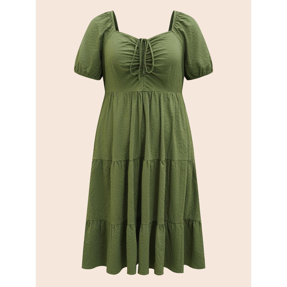 Plus Size Textured Drawstring Ruffle Layered Hem Dress ArmyGreen Women Elegant Texture Heart neckline Short sleeve Curvy BloomChic 22-24/3X Product Image