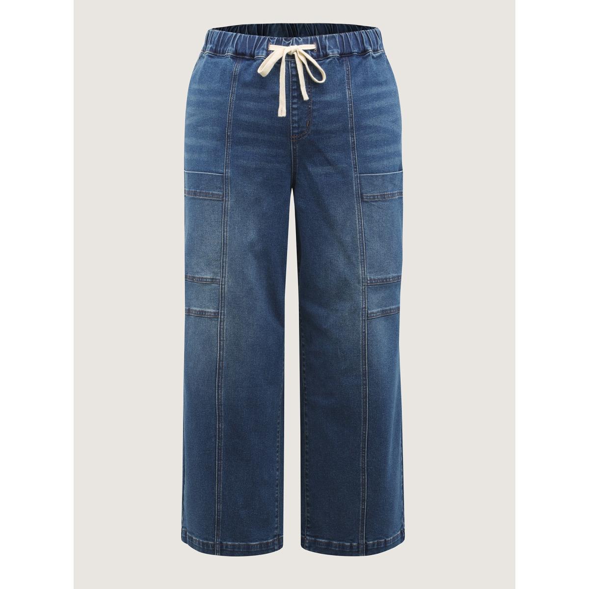 Plus Size Stretchy Waist Drawstring Straight-Leg Jeans Women Bluevintage Leisure Elastic Waist High stretch Slanted pocket Jeans BloomChic 28/5X Product Image