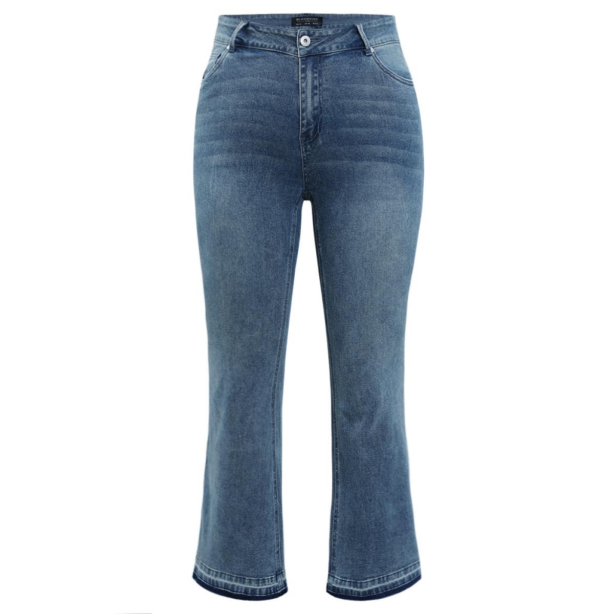 Plus Size Flare Leg Very Stretchy Medium Wash Contrast Hem Jeans Women LightBlue Casual Plain High stretch Pocket Jeans BloomChic 16/1X Product Image