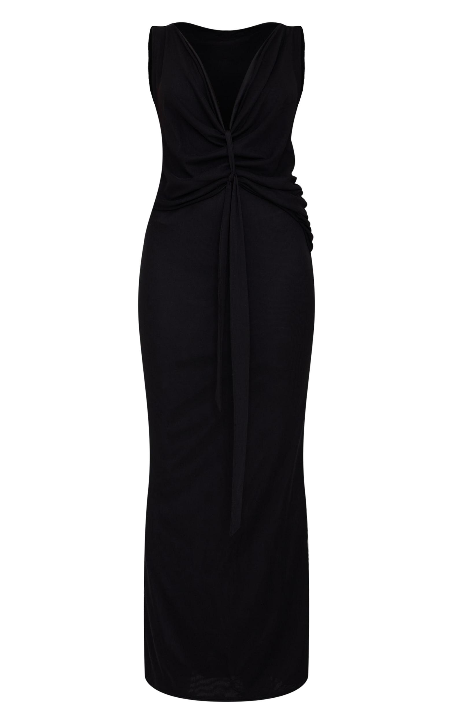 Black Mesh Overlay Draped Knot Detail Maxi Dress Product Image