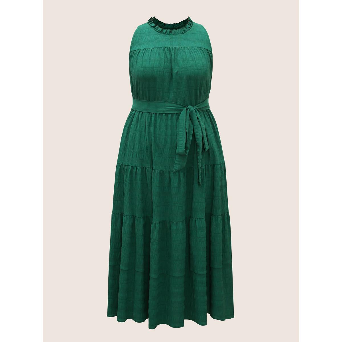 Plus Size Plain Textured A-line Frill Trim Dress Emerald Women Resort Texture Mock Neck Sleeveless Curvy BloomChic 18-20/2X Product Image