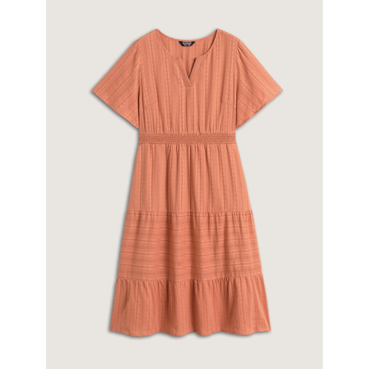 Plus Size Pure Cotton Solid Textured Shirred Midi Dress Coral Women Timeless Notched collar Short sleeve Curvy BloomChic 10/M Product Image