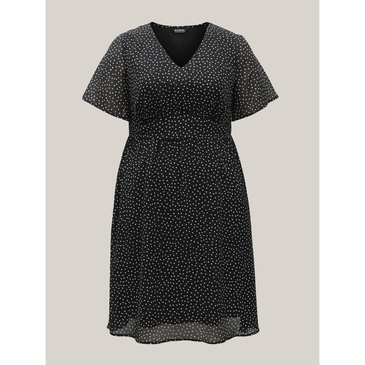 Plus Size Dot Print Stretchy Waist Chiffon Midi Dress Black Women V-neck Short sleeve Curvy BloomChic 12/L Product Image