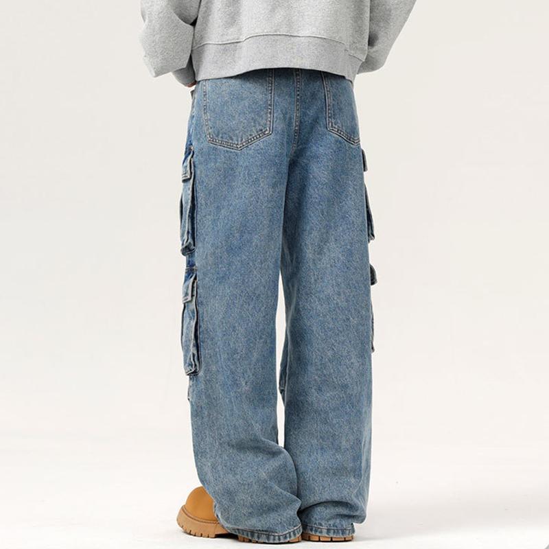 Unisex Men's Street Straight Leg Washed Multi-Pocket Work Jeans Product Image
