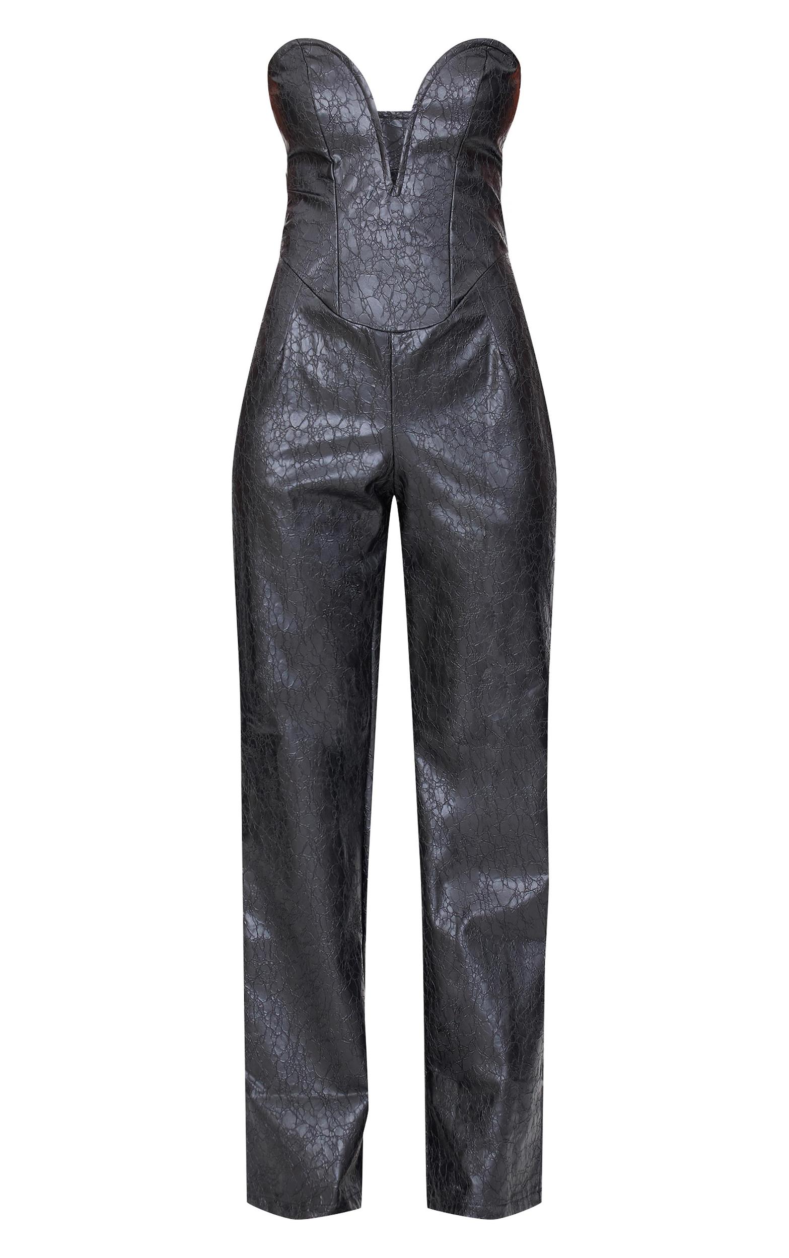 Black Croc Faux Leather Bandeau Plunge Straight Leg Jumpsuit Product Image