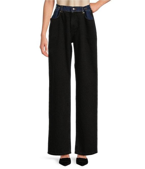 Gianni Bini Theo Denim Two Tone Contrast Buckle Waist High Rise Wide Leg Jeans Product Image