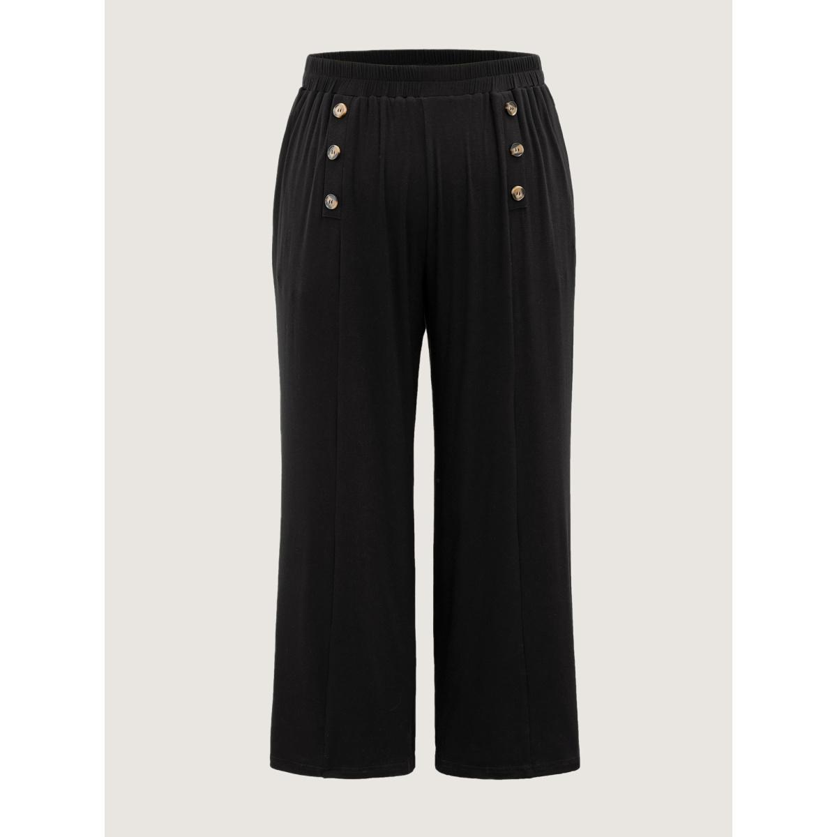 Plus Size Supersoft Essentials Button Detail Wide Leg Pants Women Black Office Wide Leg High Rise Office Pants BloomChic 26/4X Product Image